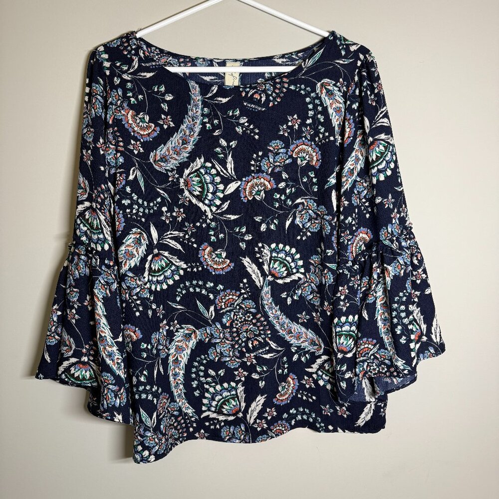 Navy Paisley Bell Sleeve Blouse – Size Medium